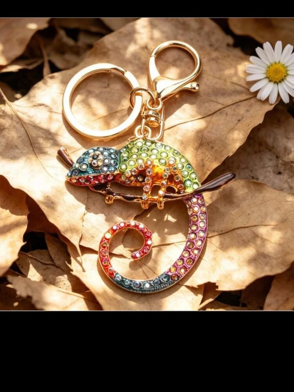 Rhinestone Rainbow Chameleon Keychain